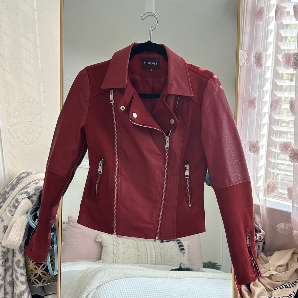 Maroon Red Faux Leather and Suede Motto Jacket